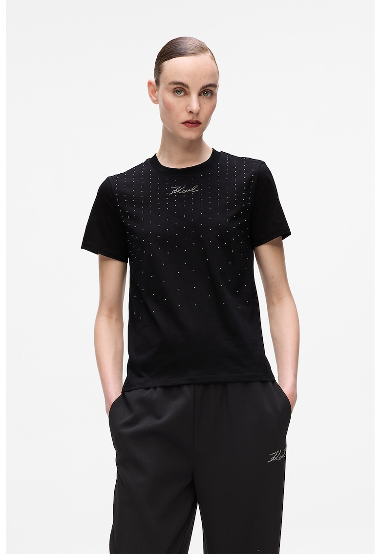 Тениска от органичен памук с декоративни камъни - Черен Karl Lagerfeld