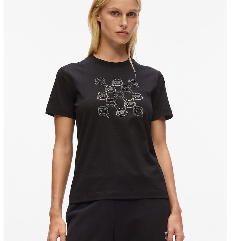 Тениска от органичен памук с декоративни камъни - Черен Karl Lagerfeld