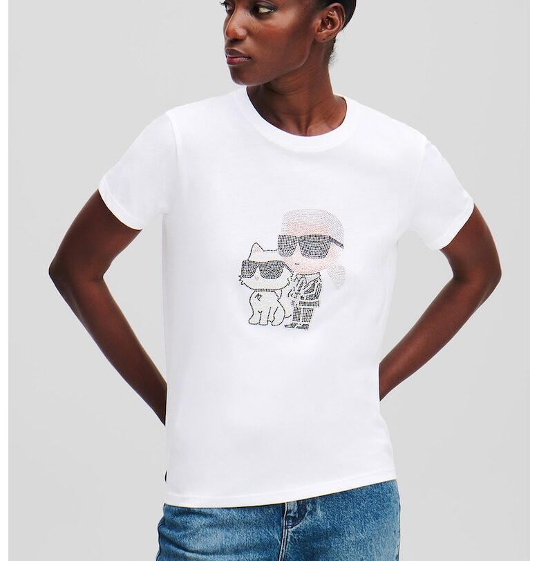 Тениска от органичен памук с декоративни камъни - Черен/Бял Karl Lagerfeld