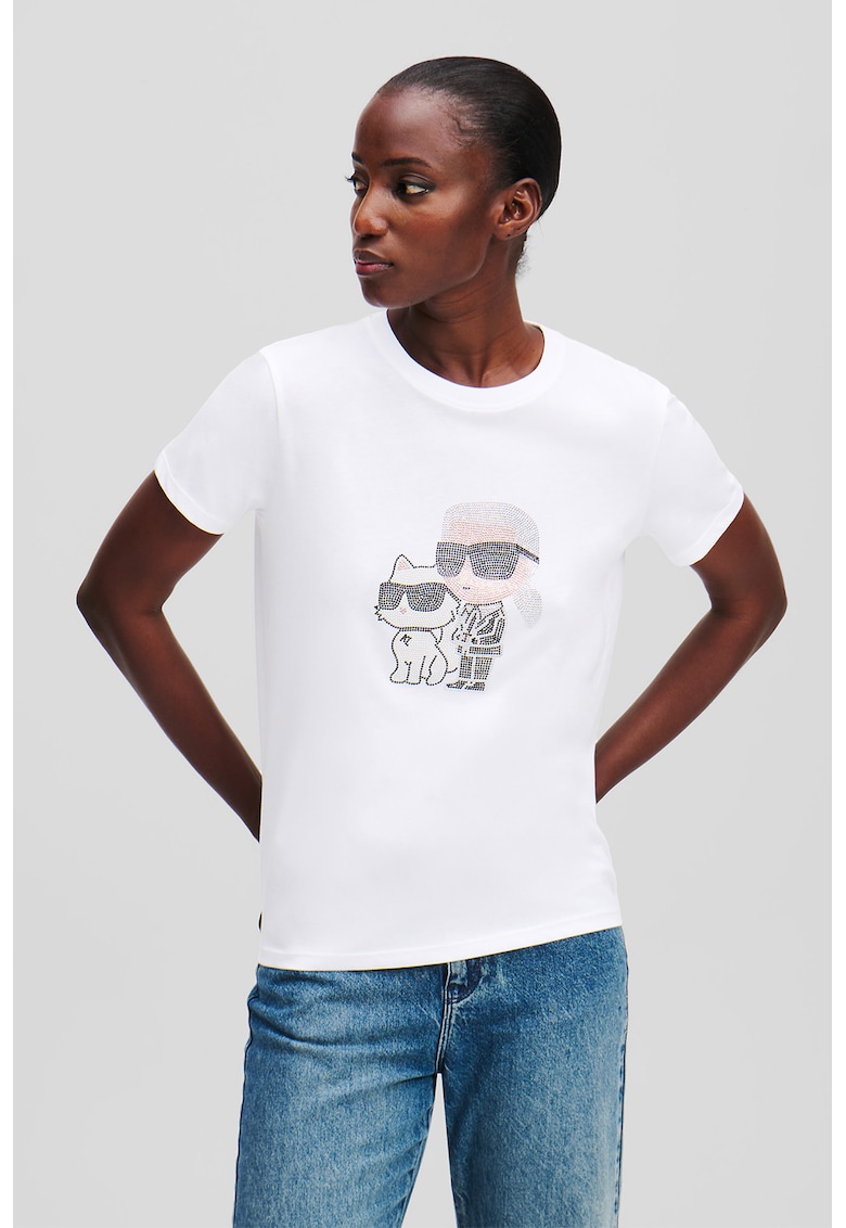 Тениска от органичен памук с декоративни камъни - Черен/Бял Karl Lagerfeld