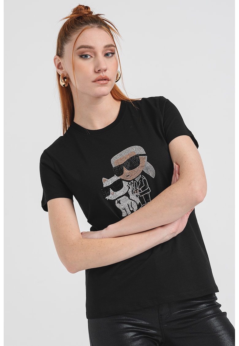 Тениска от органичен памук с декоративни камъни - Черен/Прашно розово/Сребрист Karl Lagerfeld
