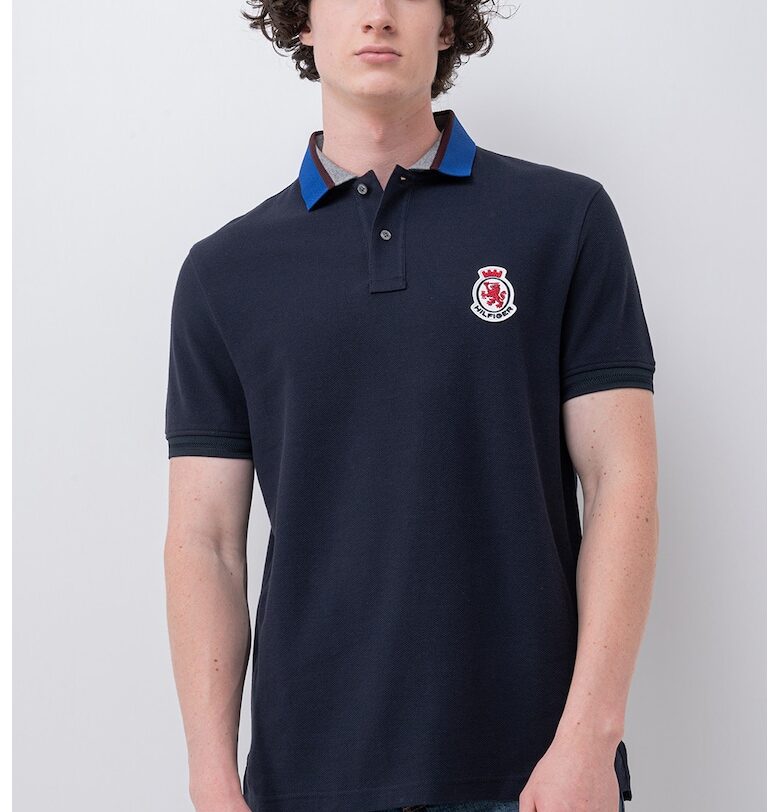 Тениска от органичен памук с яка и лого - Тъмносин Tommy Hilfiger