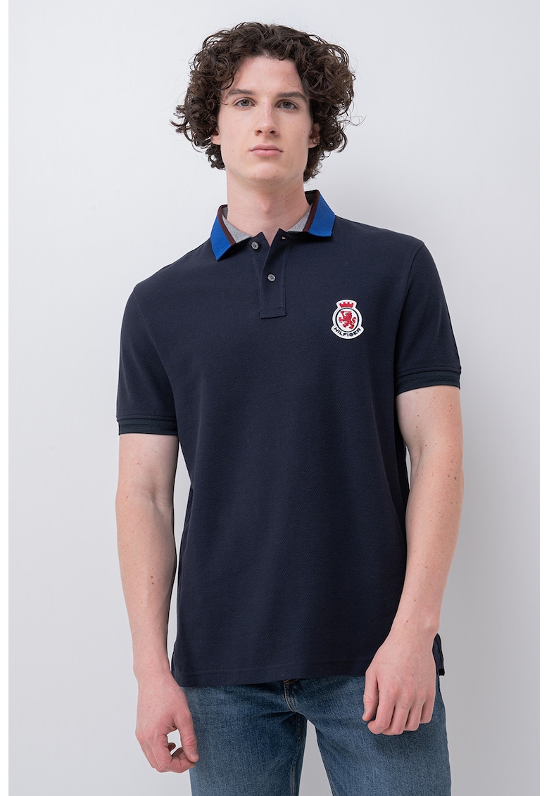 Тениска от органичен памук с яка и лого - Тъмносин Tommy Hilfiger