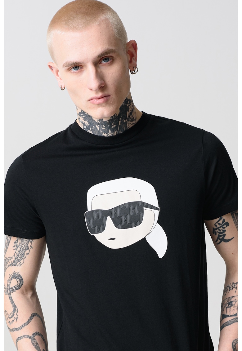 Тениска от памук с овално деколте и лого - Черен/Мръснобял Karl Lagerfeld