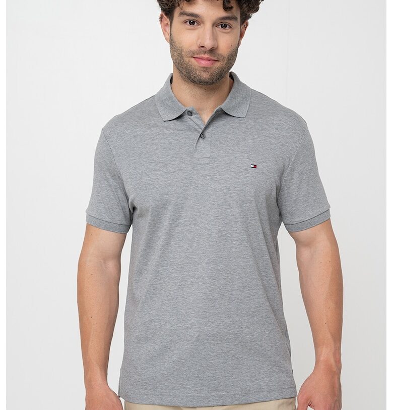 Тениска от памук с яка - Меланж тъмно сиво Tommy Hilfiger