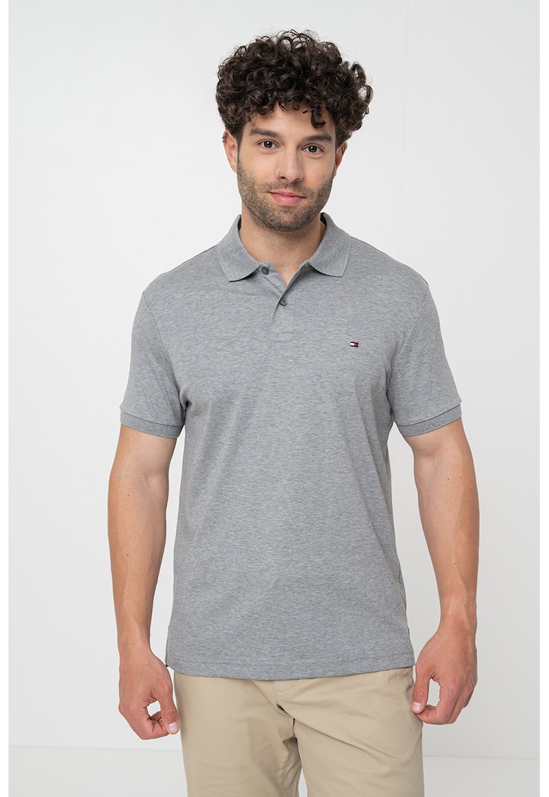 Тениска от памук с яка - Меланж тъмно сиво Tommy Hilfiger