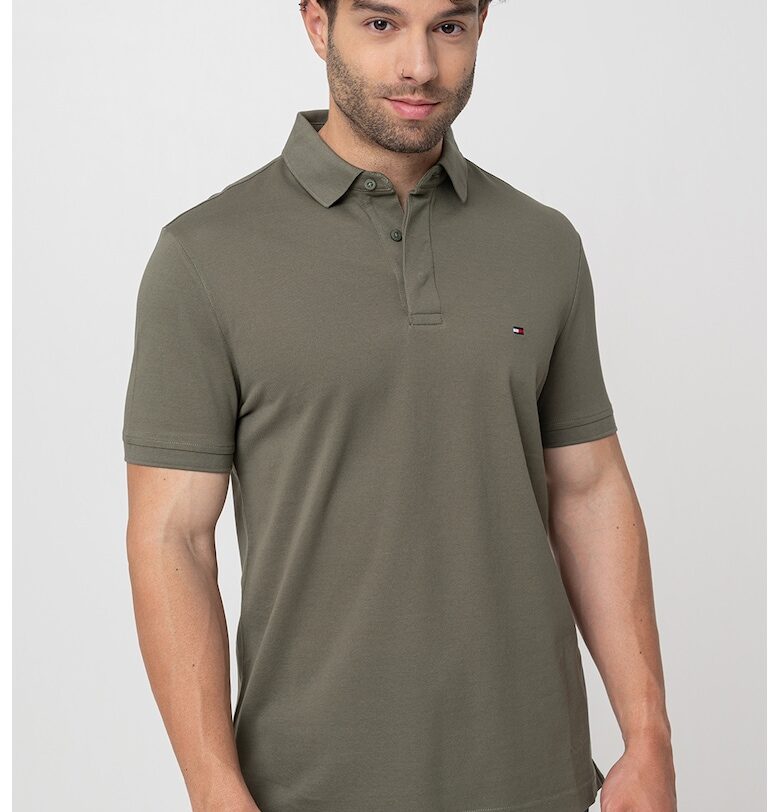 Тениска от памучно пике с яка - Тъмно каки Tommy Hilfiger