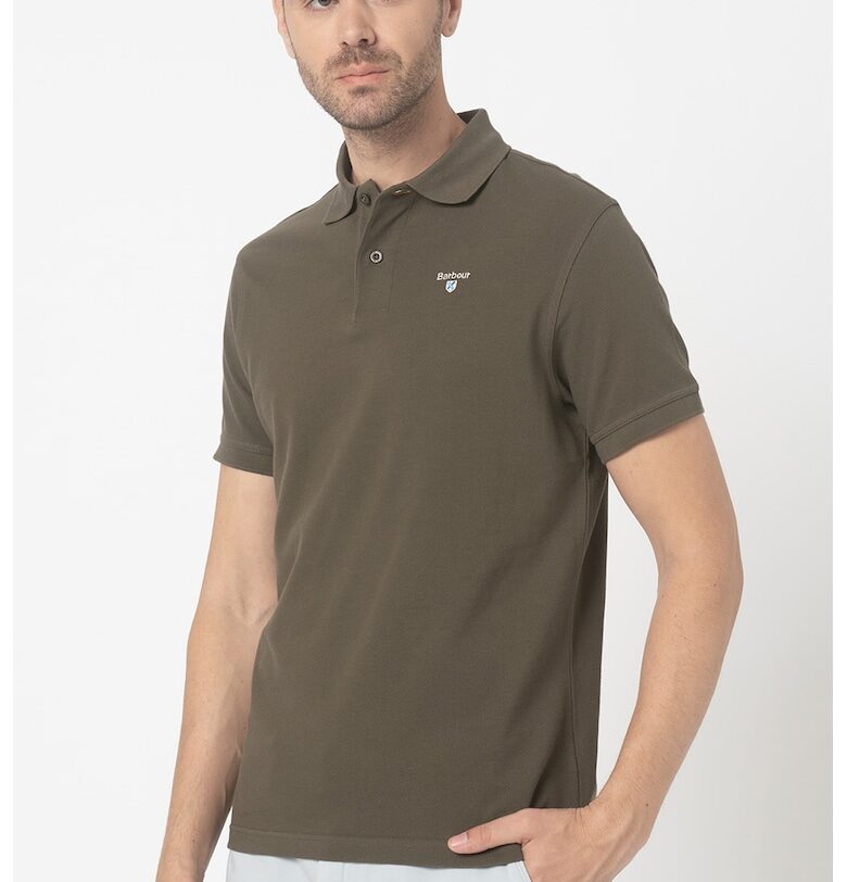 Тениска от пике с яка и бродирано лого - Бял/Каки Barbour