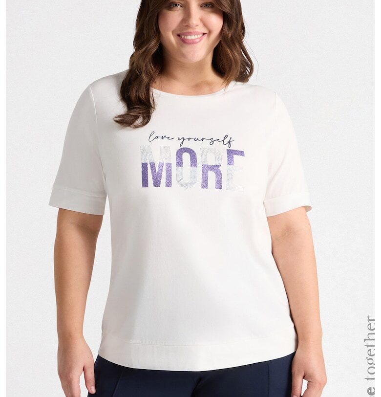 Тениска с декоративни камъни и бляскав надпис - Бял Fiorella Rubino