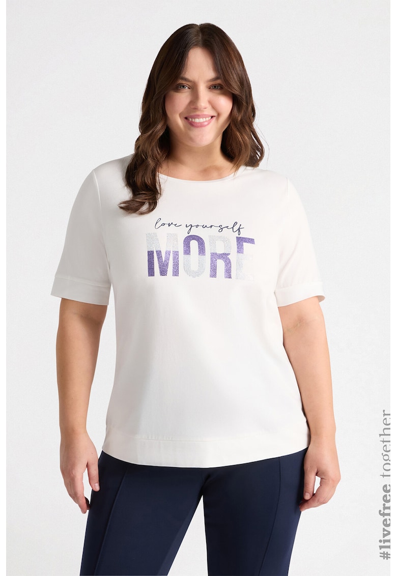 Тениска с декоративни камъни и бляскав надпис - Бял Fiorella Rubino