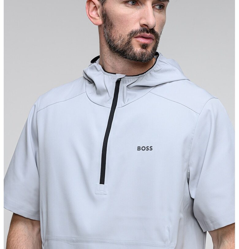 Тениска с качулка и къс цип - Светло сив BOSS