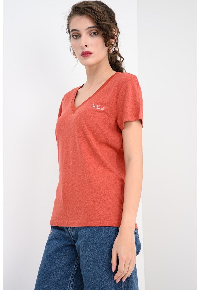 Тениска с лен с лого - Керемидено червено Karl Lagerfeld