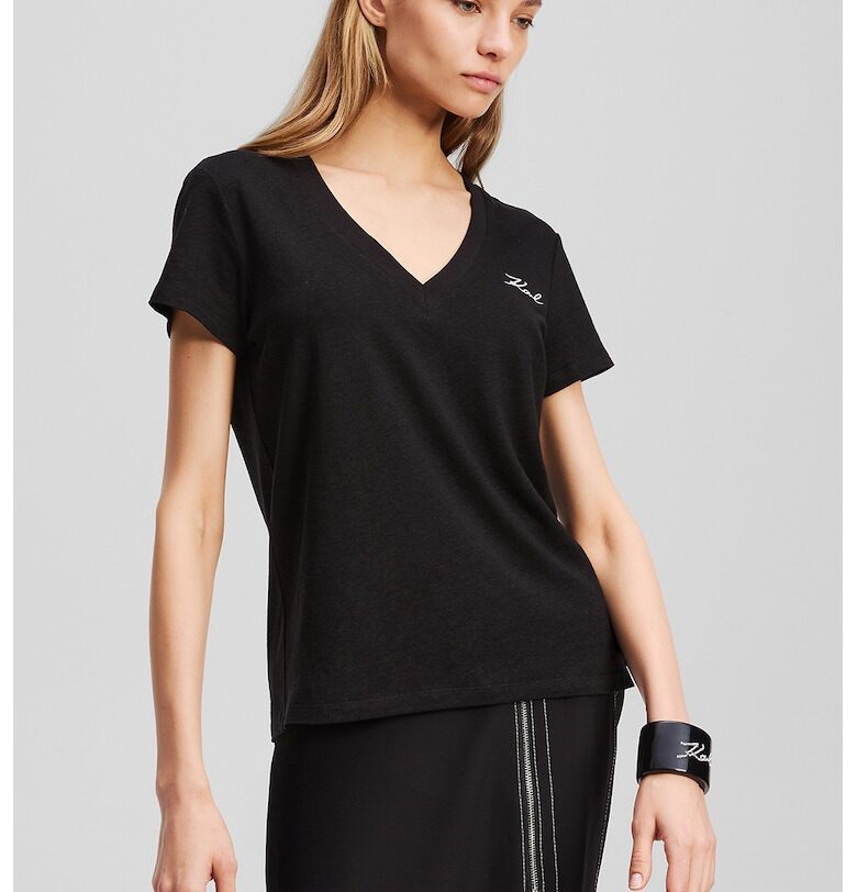 Тениска с лен с лого - Черен Karl Lagerfeld