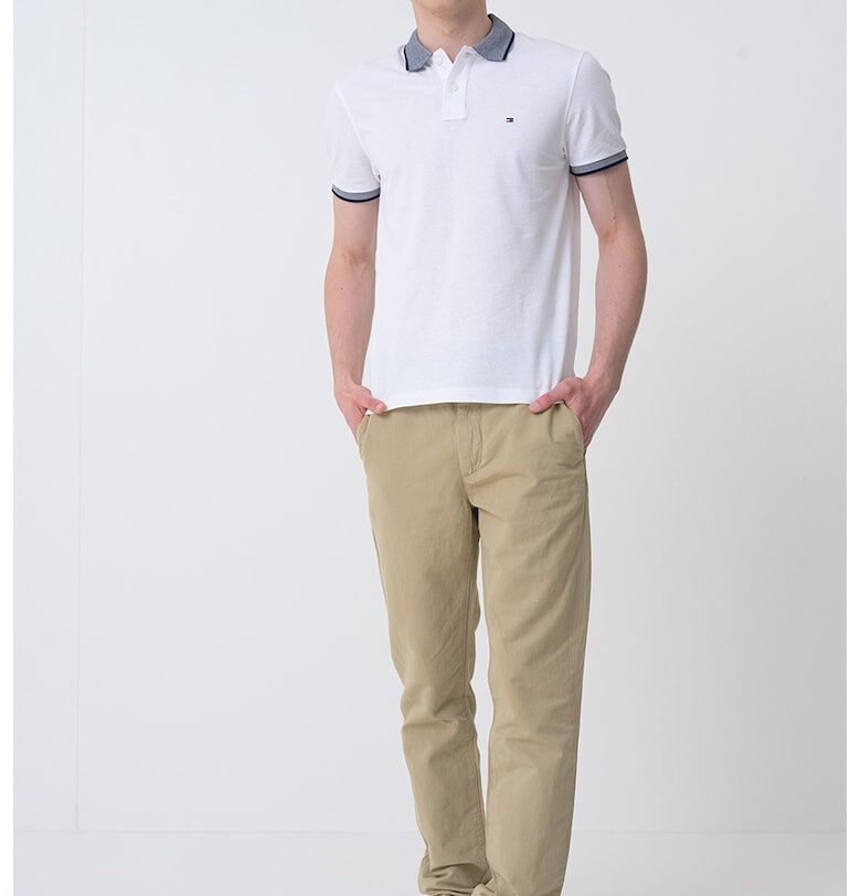 Тениска с лен с яка - Бял/Тъмносин Tommy Hilfiger