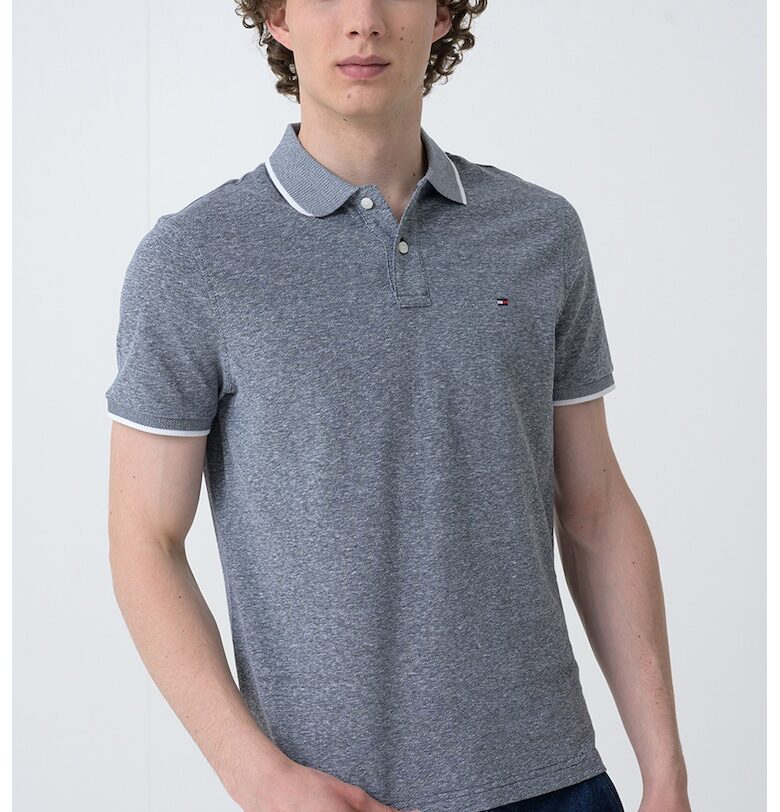 Тениска с лен с яка - Бял/Тъмносин Tommy Hilfiger