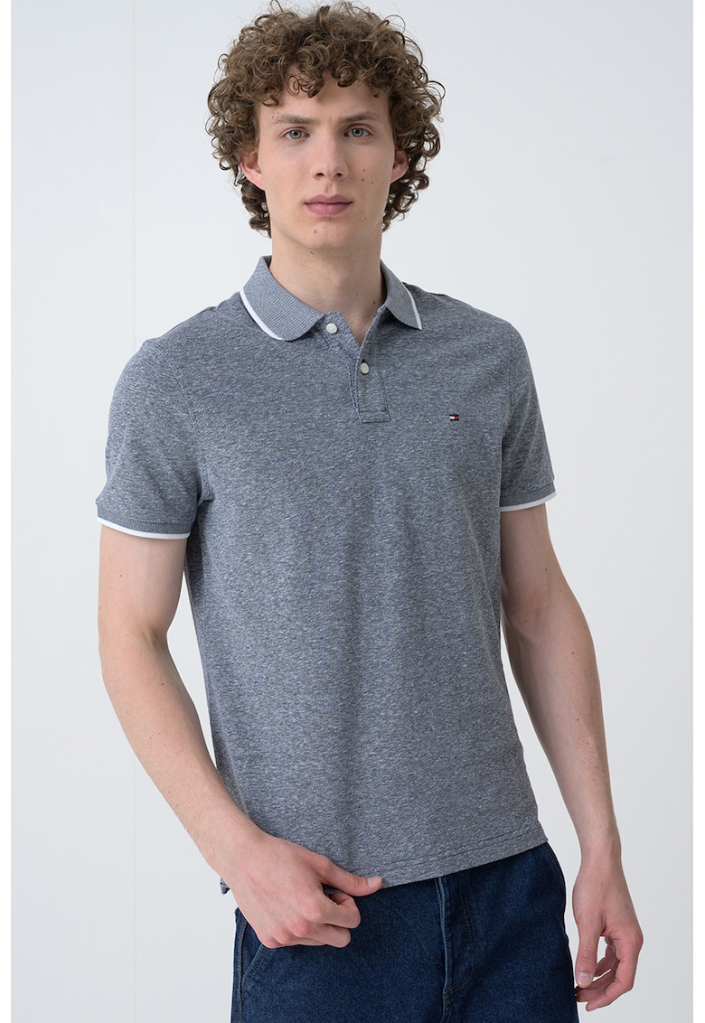 Тениска с лен с яка - Бял/Тъмносин Tommy Hilfiger