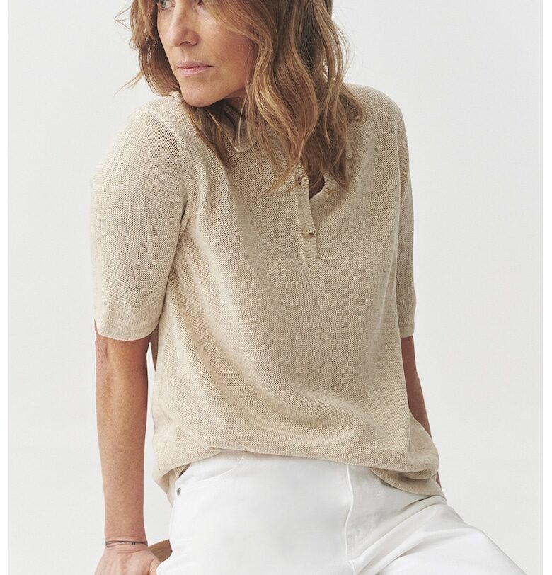 Тениска с лиосел и лен с яка и 3/4 ръкави - Бежов Tatuum