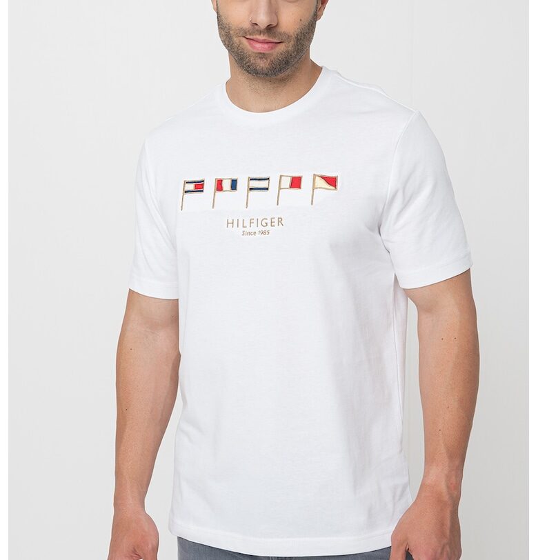 Тениска с овално деколте и бродерии - Червен/Светлокафяв/Бял Tommy Hilfiger