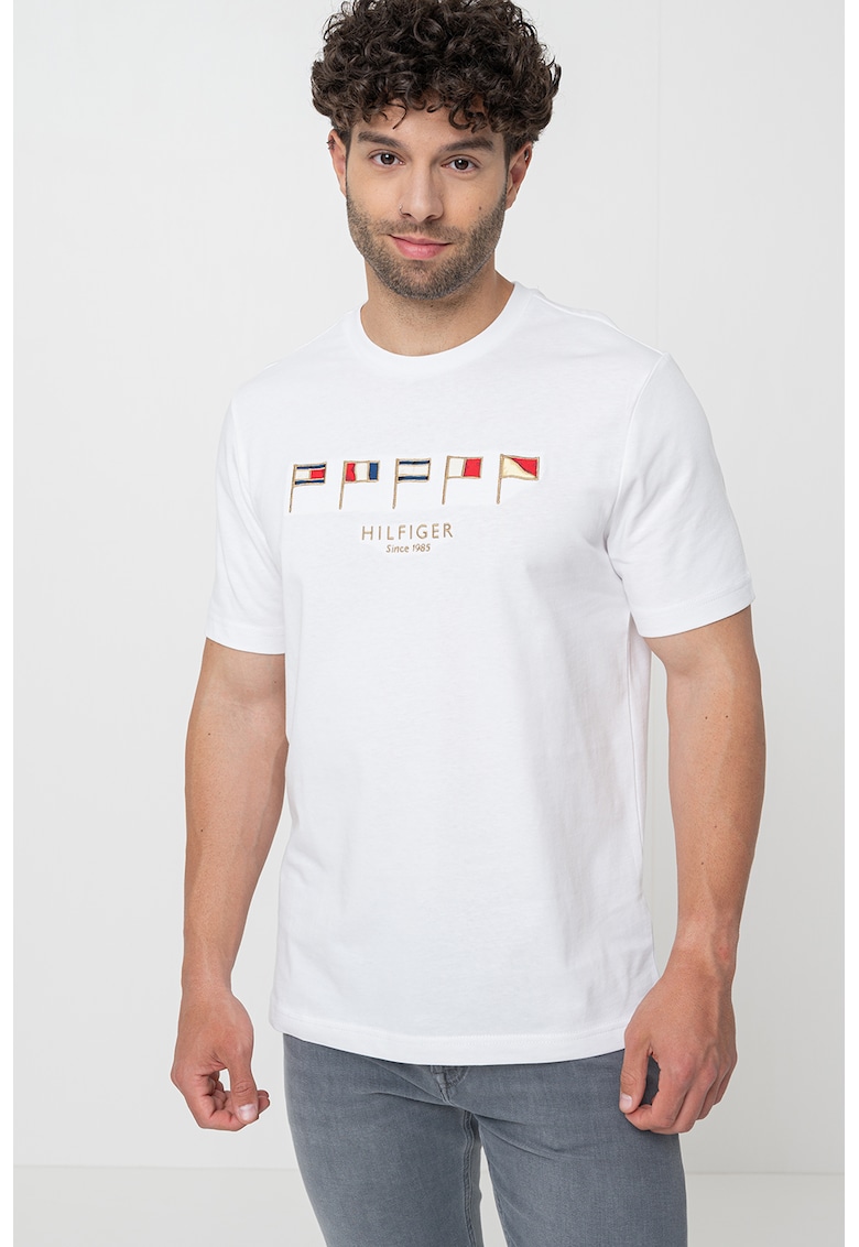 Тениска с овално деколте и бродерии - Червен/Светлокафяв/Бял Tommy Hilfiger