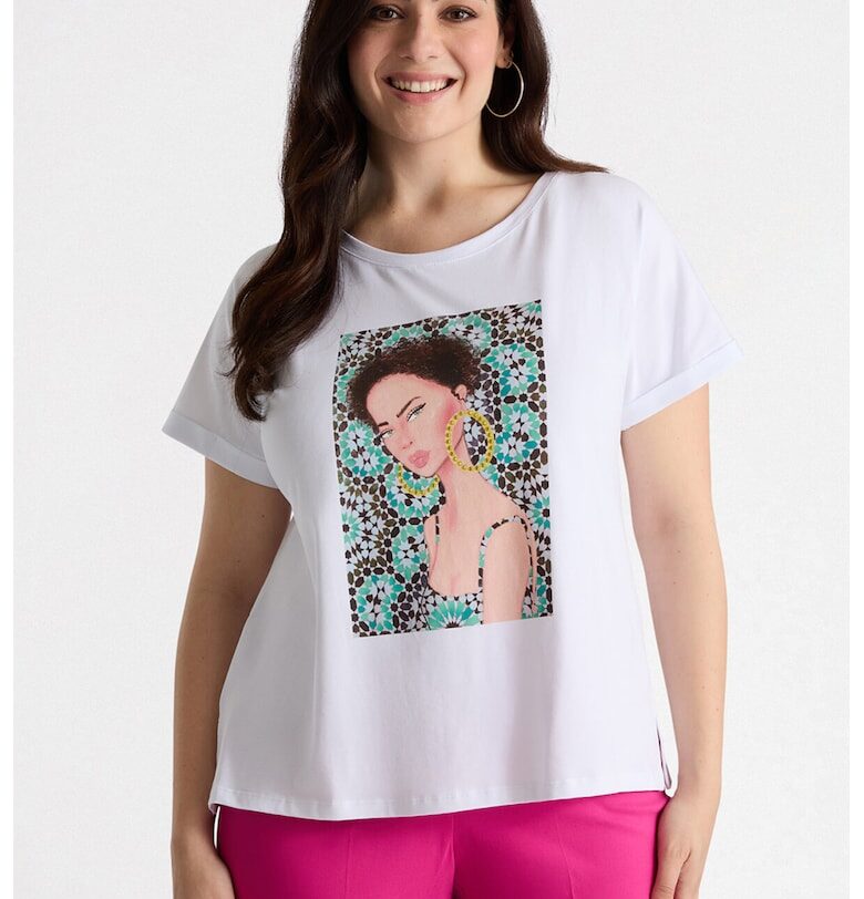 Тениска с овално деколте и графика - Бял/Черен/Син Fiorella Rubino