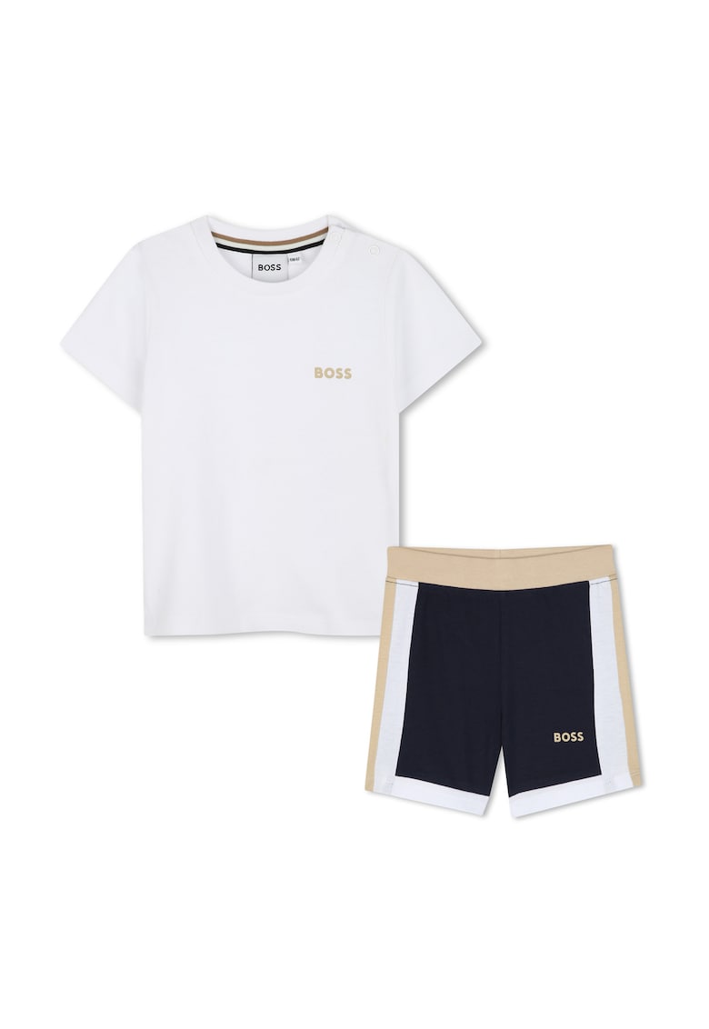 Тениска с овално деколте и къс панталон - 2 части - Бял/Черен/Бежов BOSS Kidswear
