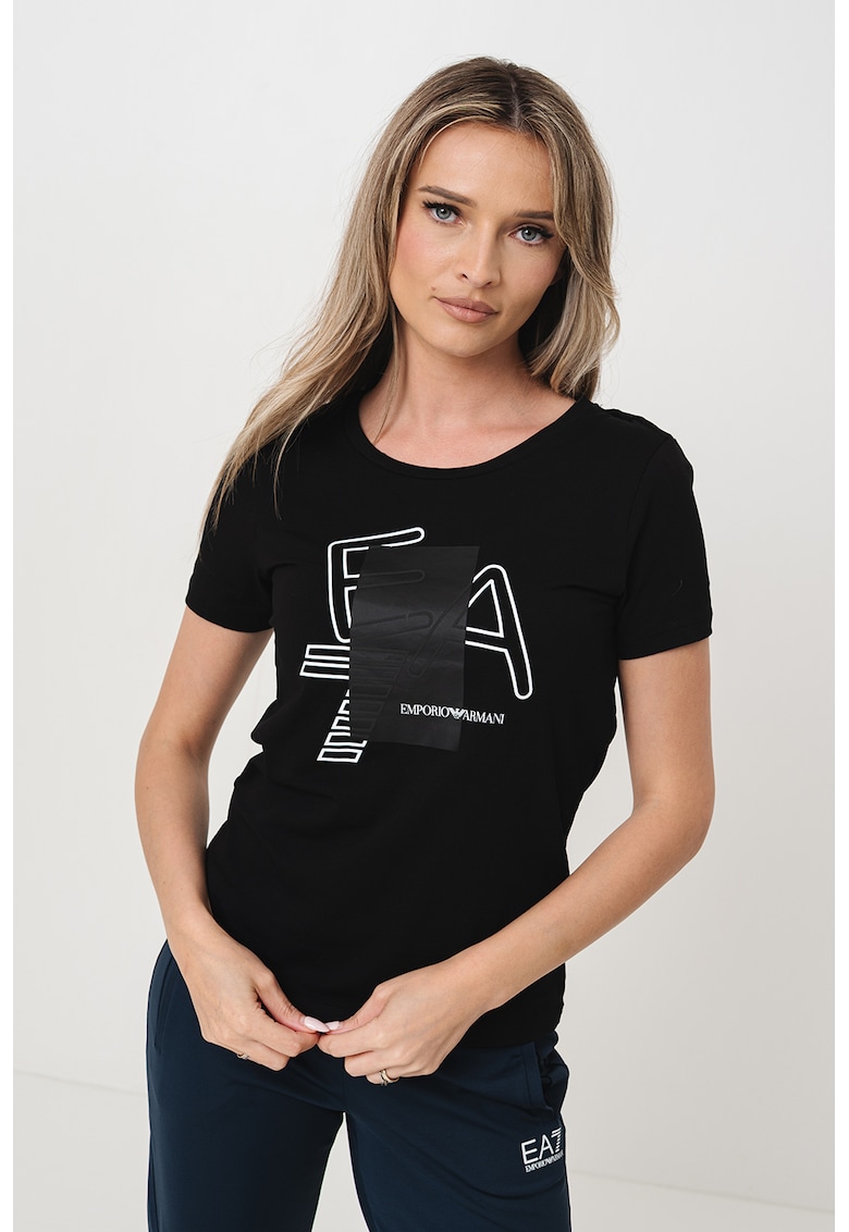 Тениска с овално деколте и лого - Бял/Черен EA7