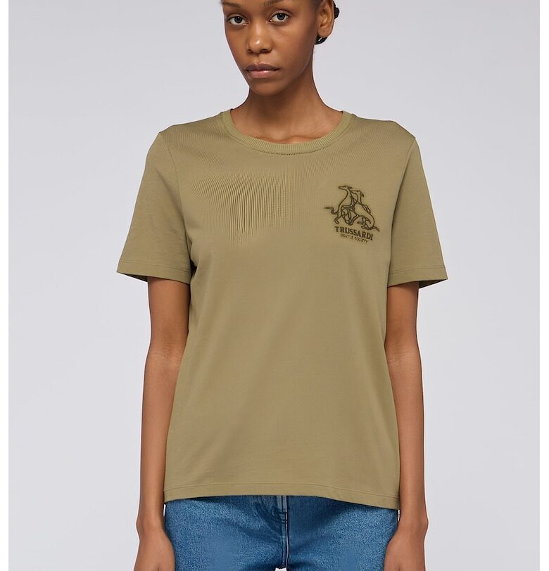 Тениска с овално деколте и лого - Каки Trussardi
