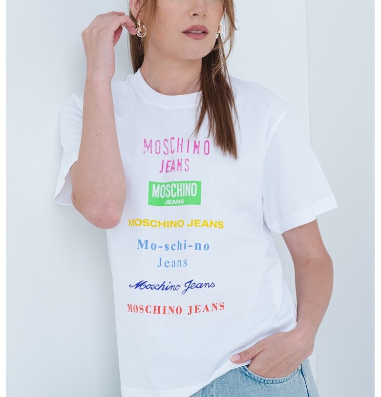 Тениска с овално деколте и лого - Фанданго розово/Електриково Зелено/Бял Moschino Jeans
