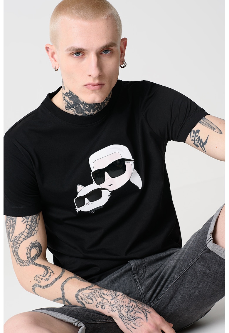 Тениска с овално деколте и лого - Черен/Мръснобял Karl Lagerfeld