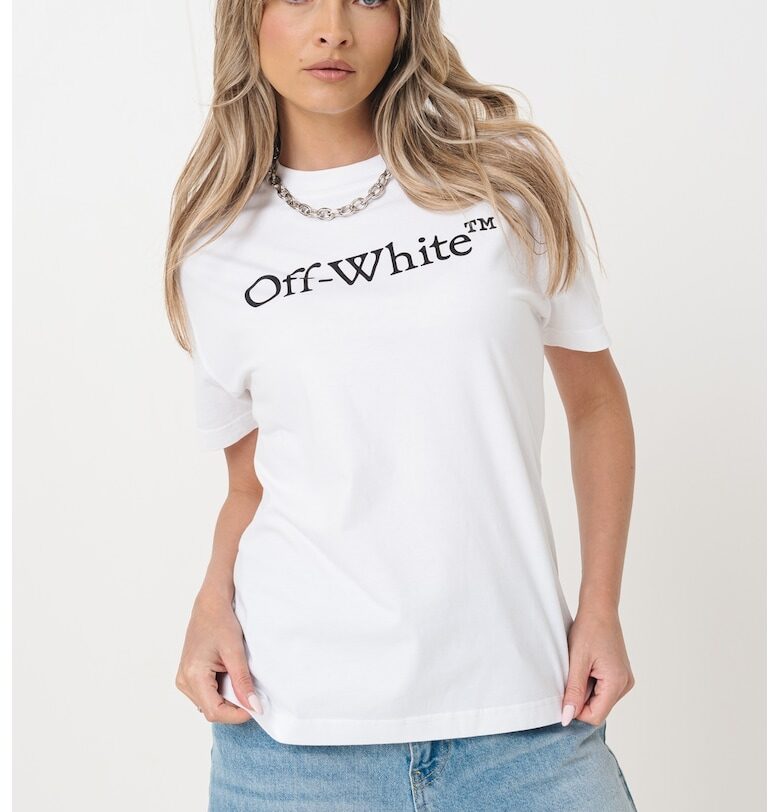 Тениска с овално деколте и надпис - Бял/Избеляло черно OFF-WHITE