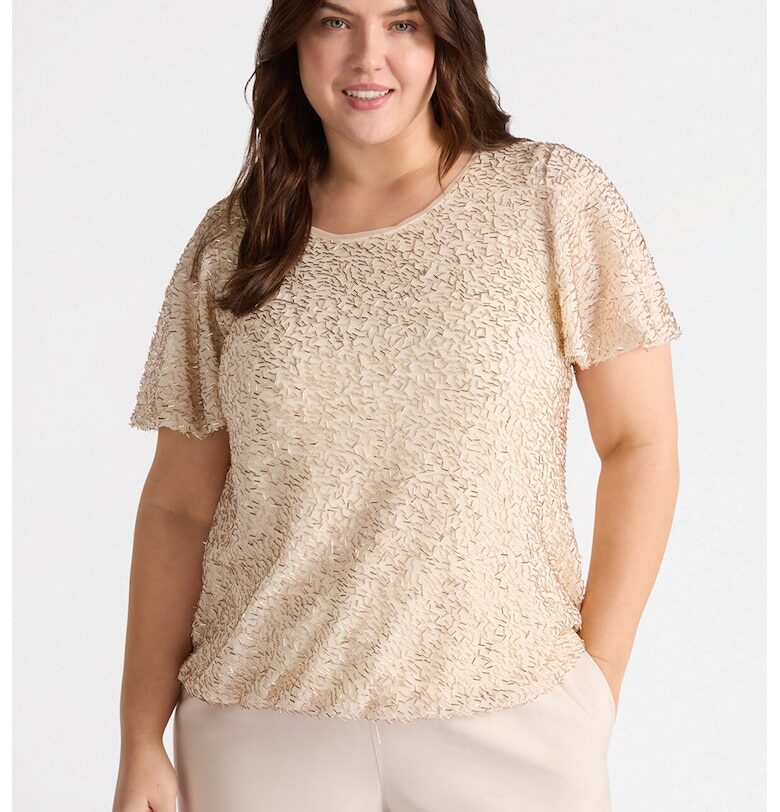 Тениска с овално деколте и пайети - Светло бежово Fiorella Rubino