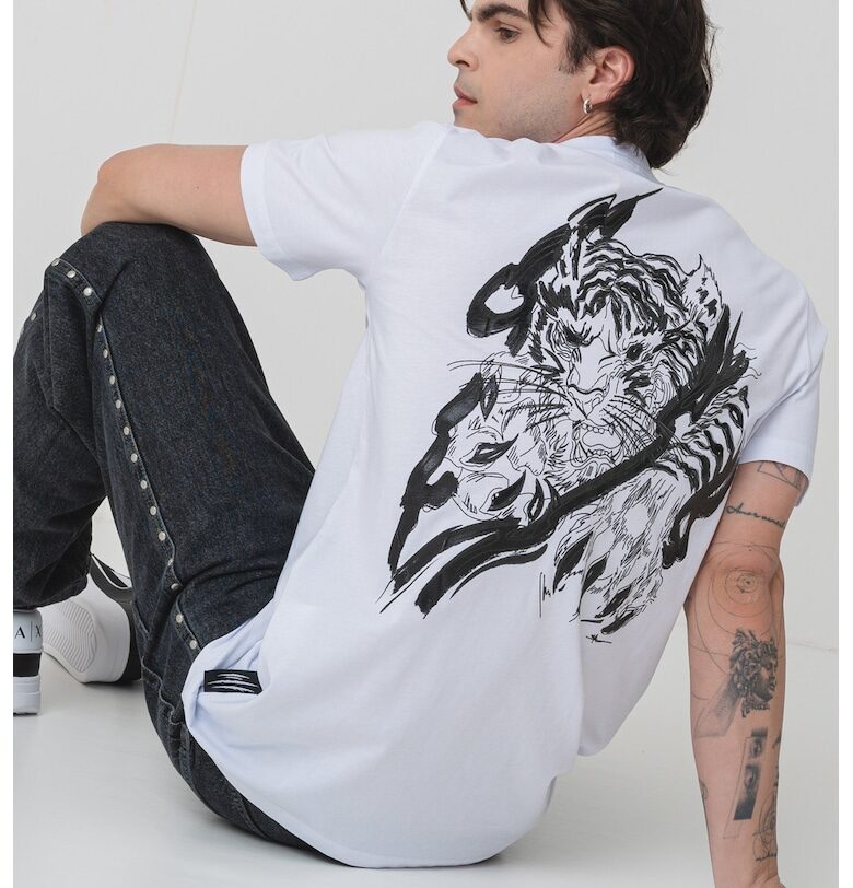 Тениска с овално деколте и принт - Бял/Черен Plein Sport