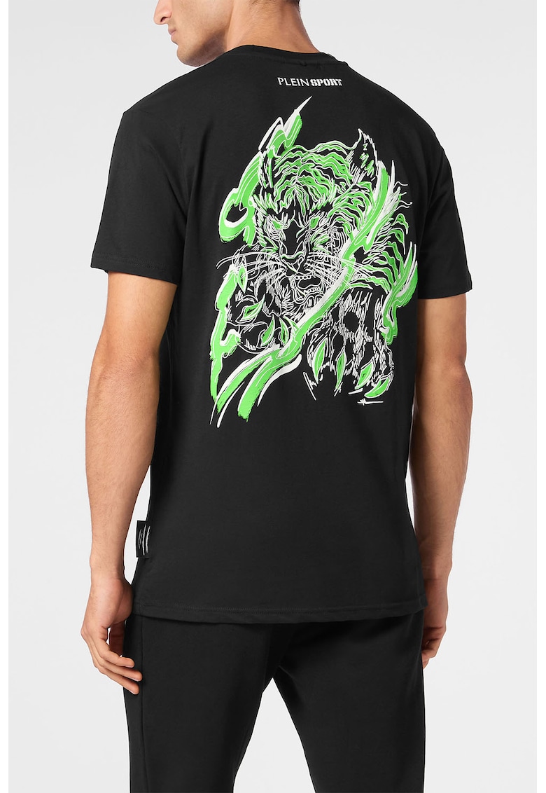 Тениска с овално деколте и принт - Черен/Лайм зелено Plein Sport