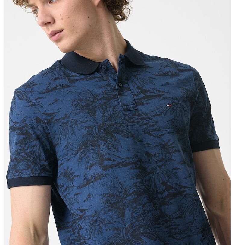 Тениска с органичен памук и лен с яка - Тъмносин Tommy Hilfiger