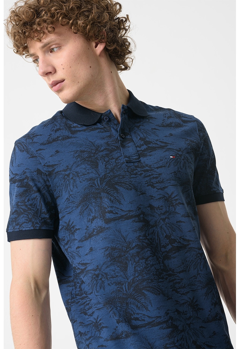 Тениска с органичен памук и лен с яка - Тъмносин Tommy Hilfiger