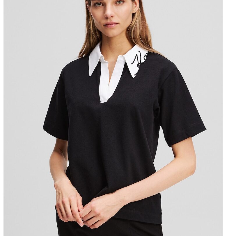 Тениска с органичен памук с контрастна яка - Черен Karl Lagerfeld