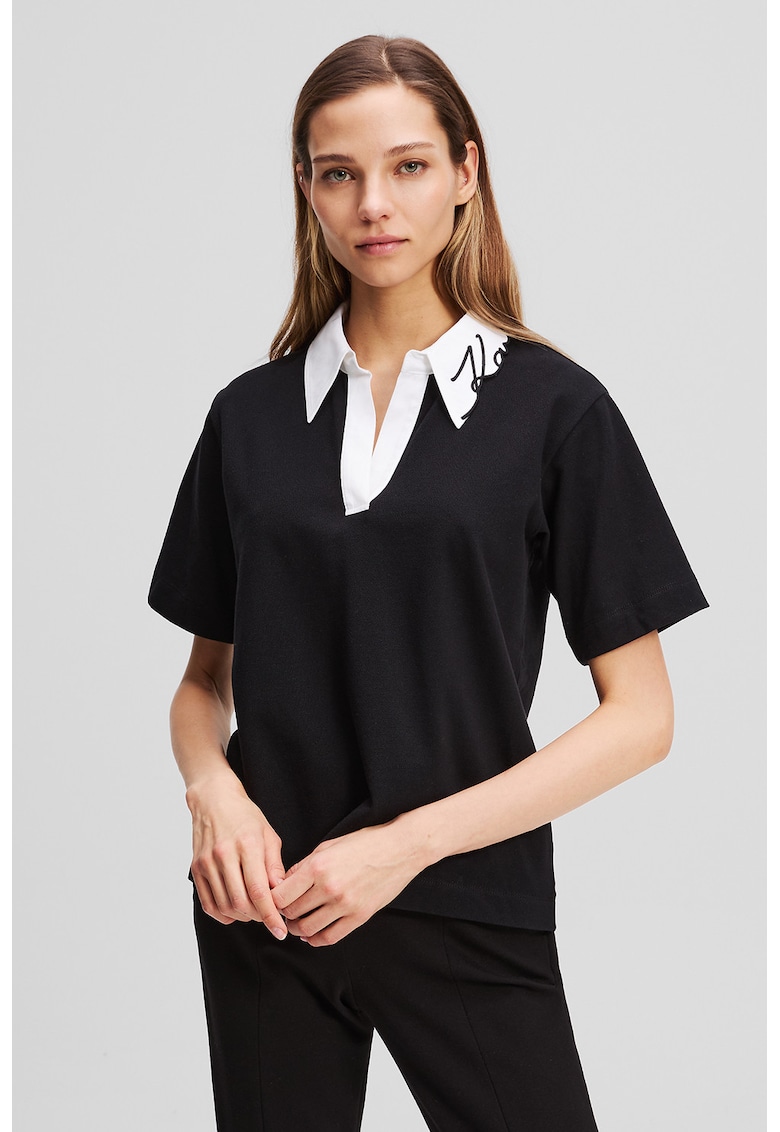 Тениска с органичен памук с контрастна яка - Черен Karl Lagerfeld