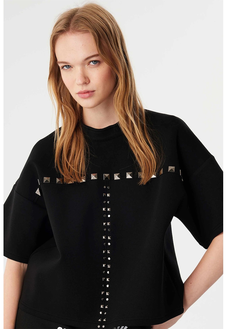 Тениска с паднали ръкави и декоративни капси - Черен TWIST