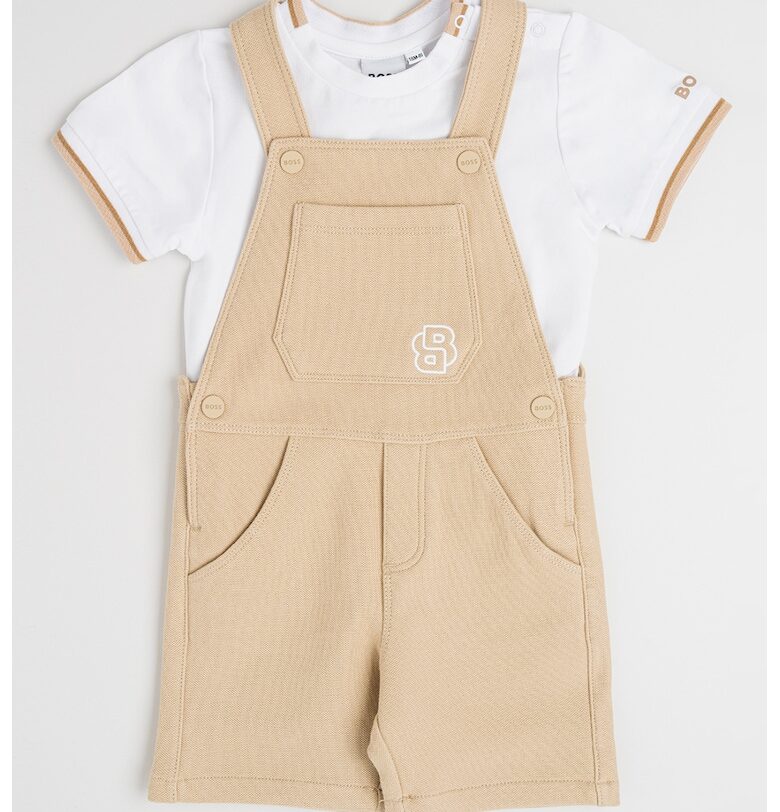 Тениска с памук и гащеризон - Бял/Камел BOSS Kidswear