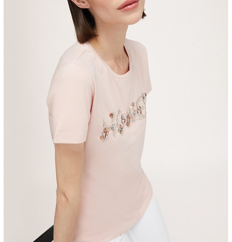 Тениска с памук с декоративни камъни - Бледо розово Motivi