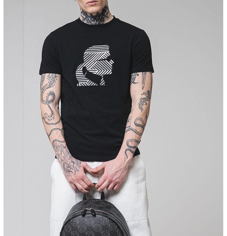 Тениска с памук с лого - Бял/Черен/Tъмносив Karl Lagerfeld