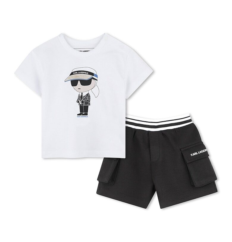 Тениска с памук с лого и къс панталон - 2 части - Бял/Черен KARL LAGERFELD KIDS