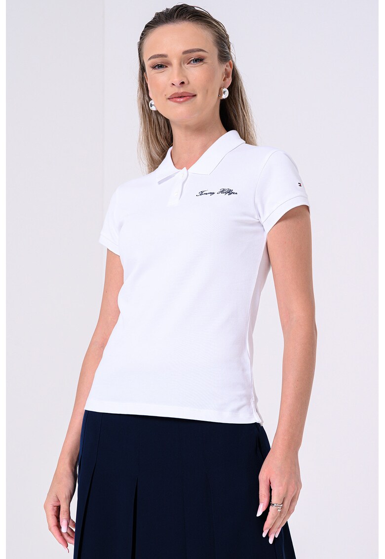 Тениска с памук с яка и лого - Бял Tommy Hilfiger