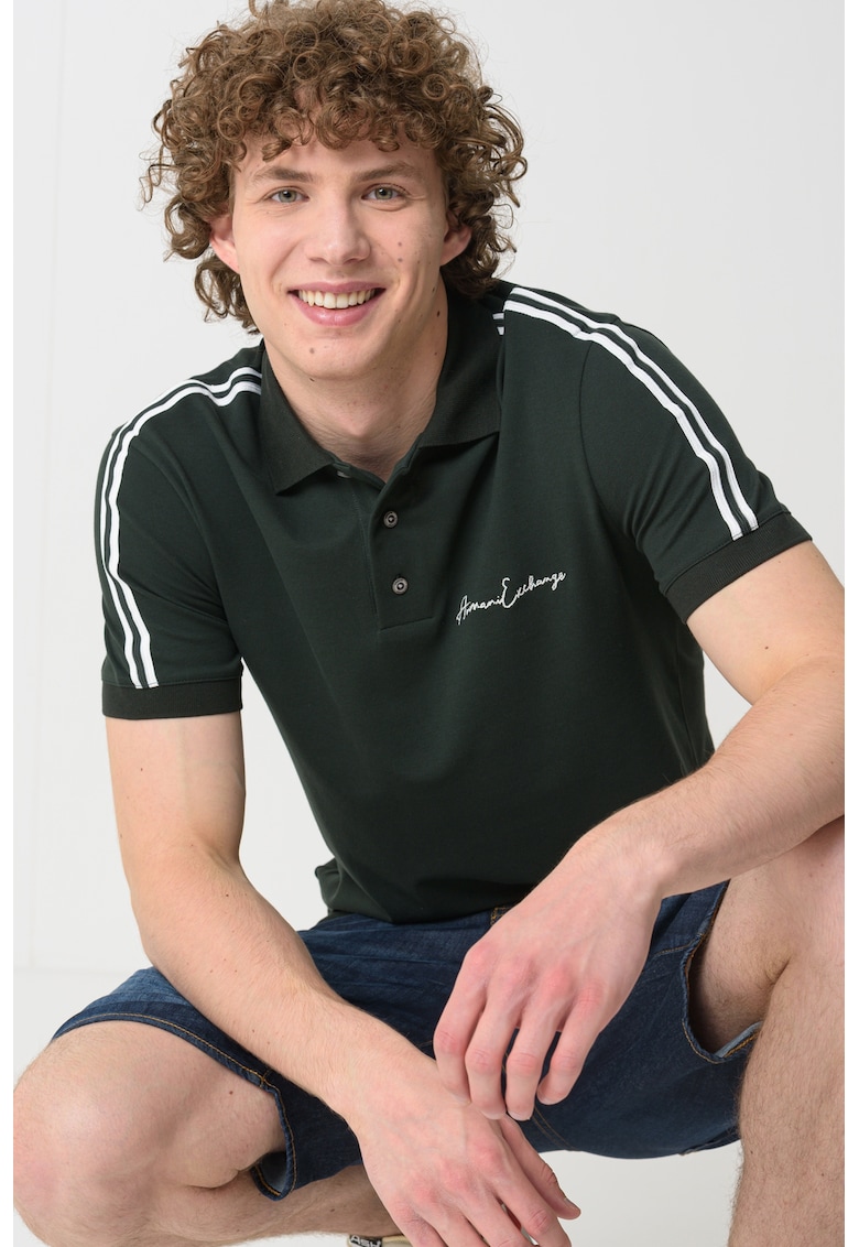 Тениска с памук - яка и лого - Бял/Тъмнозелен ARMANI EXCHANGE