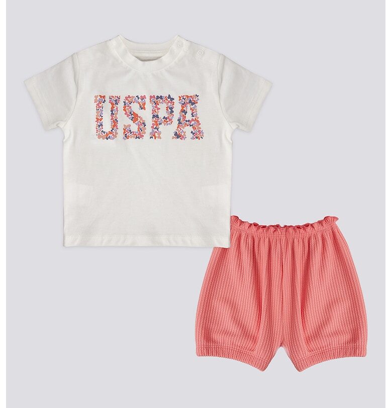 Тениска с принт и къс панталон - 2 части - Бял/Корал/Син US Polo Assn