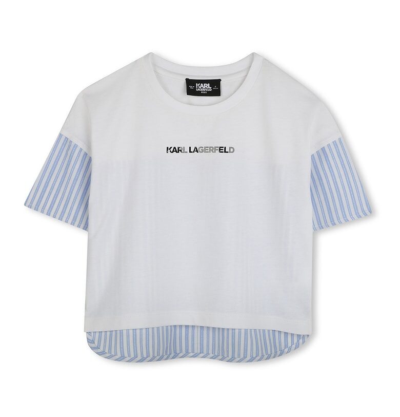 Тениска с раирани панели - Пастелносин/Мръснобял KARL LAGERFELD KIDS