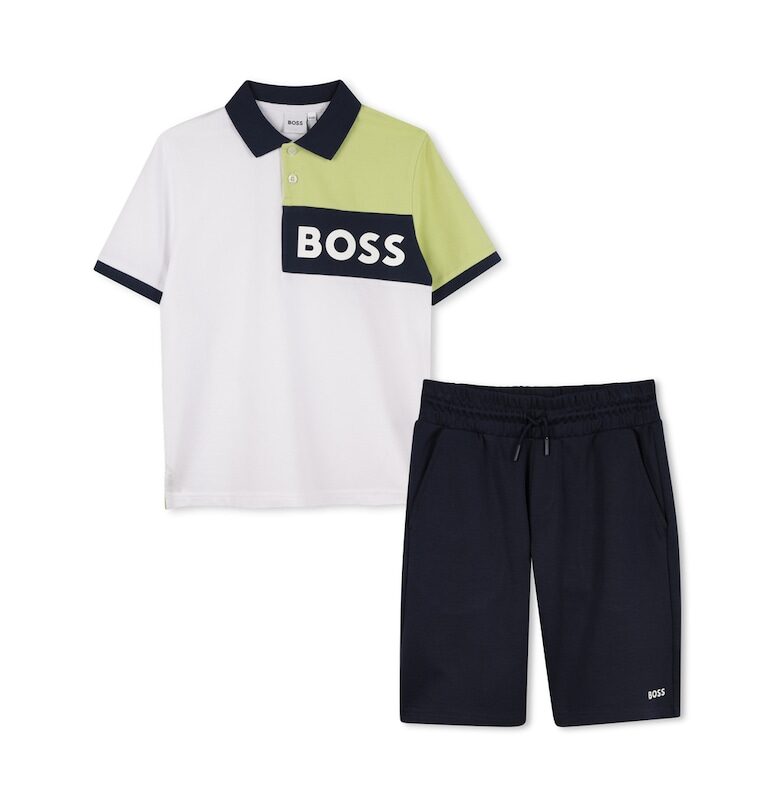 Тениска с яка и бермуди - Бял/Черен/Каки BOSS Kidswear