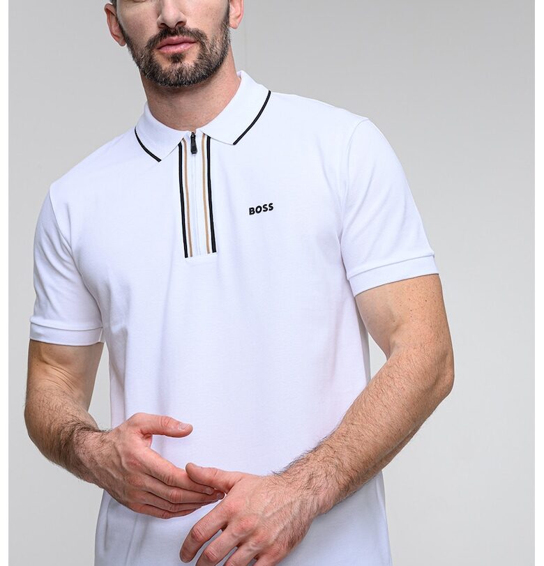 Тениска с яка и къс цип - Бял BOSS