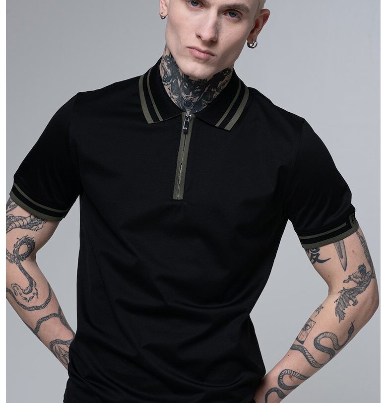 Тениска с яка и къс цип - Черен/Тъмно каки Pal Zileri