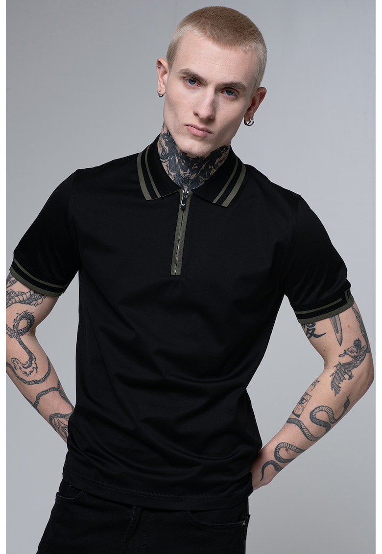 Тениска с яка и къс цип - Черен/Тъмно каки Pal Zileri